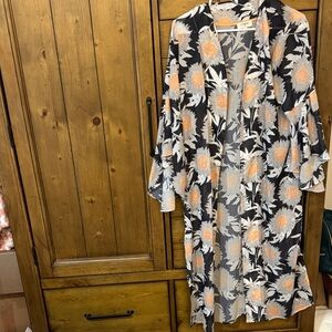 Umgee Black and White Floral Sheer Kimono with Orange Trim